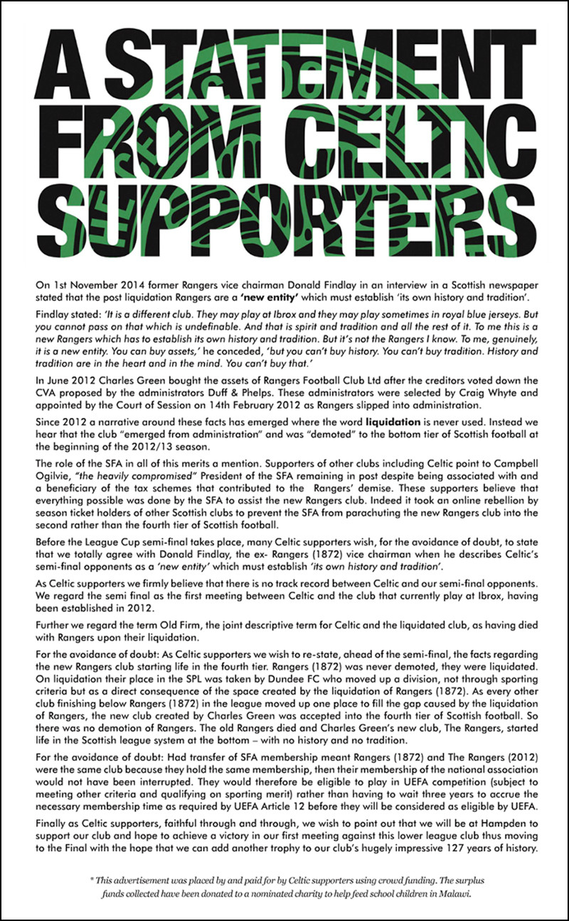 Sunday Herald: A Statement From Celtic Supporters